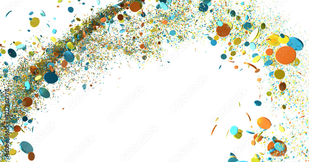 Poster Abstract background with colorful confetti and shiny particles exploding in mid air, isolated on white.