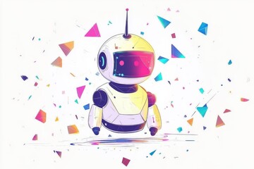 Obraz premium Whimsical Colorful Robot Surrounded by Geometric Shapes in a Vibrant Abstract Digital Art Piece Reflecting Futuristic Themes and Imagination