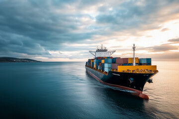 Obraz premium Aerial view of sailing cargo ship in the ocean, Selective focus massive cargo ship with container box sail on the sea.