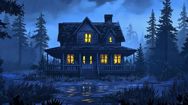 Mysterious cabin illuminated at night in a dark forest during a rainstorm capturing a haunting atmosphere