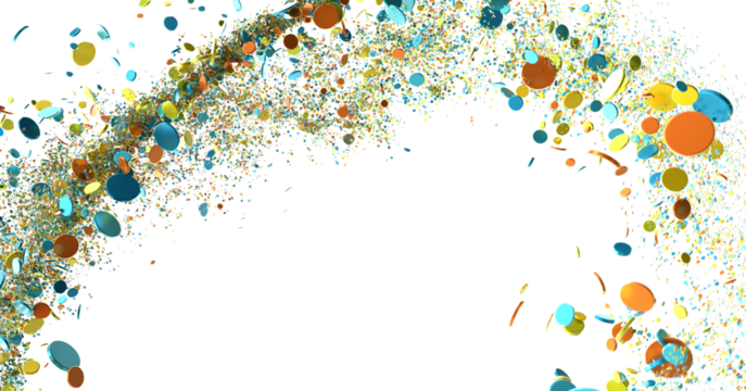 Abstract background with colorful confetti and shiny particles exploding in mid air, isolated on white.