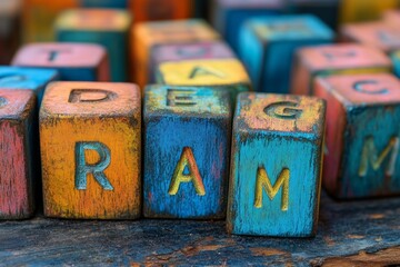 Colorful wooden blocks spelling words promoting early childhood education and development