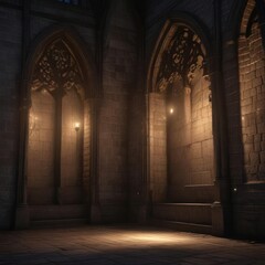 Gothic church wall with illuminated electric lights creating a sense of mystery and wonder in the night, dark stone, mysterious