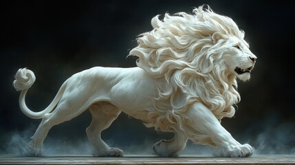 White lion walks on platform, dark smoky background, for animal, nature, or fantasy use