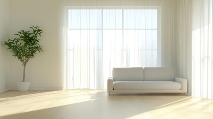 Fototapeta premium Modern living room with a large window on the right side. the window has white curtains that are open, allowing natural light to enter the room.