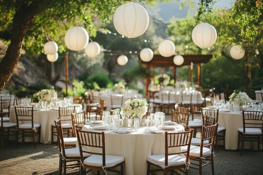 Round tables with white tablecloths and wooden chairs arranged for an outdoor wedding reception, decorated with hanging white paper lanterns