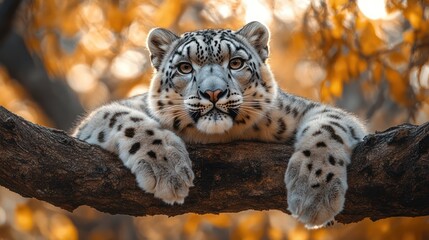 Obraz premium Snow leopard rests on branch; leaves blur behind. Stock use wildlife, conservation, animal