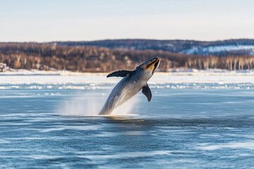 Fototapeta premium Selective focus blue whale jumping out of the water in winter, Landscape view of whale jumping on the ocean.