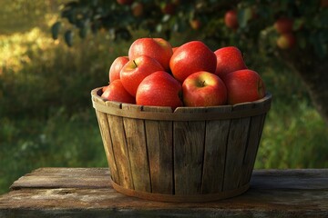 Red apples in a wooden bucket with outdoor farm background.