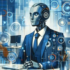 Working business robot wearing a suit in office, abstract illustration, AI artificial intelligence, Android worker, Automated business labor