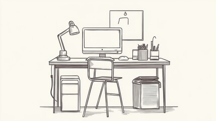 Fototapeta premium Minimalist workspace featuring a desk with a computer, lamp, and decorative elements
