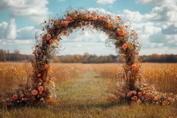 Beautiful round wedding arch decorated with orange and peach flowers in a wheat field in autumn