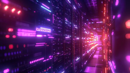 Obraz premium A brightly lit server room featuring rows of high-tech servers illuminated by colorful LED lights.