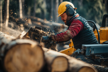 Selective focus lumberjack cutting a wood in the forest, Portrait of carpenter man with chainsaw cutting wooden log.