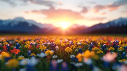Obraz premium vibrant wildflower field at sunset in the mountains