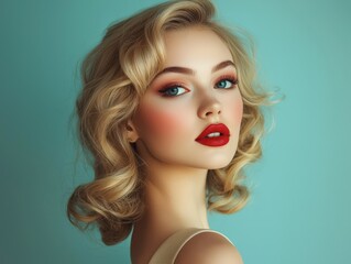 Fototapeta premium Vintage style portrait of young beautiful blonde girl with fancy makeup