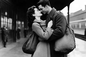Obraz premium Vintage black-and-white photograph of a 1940s couple embracing at a train station during wartime.