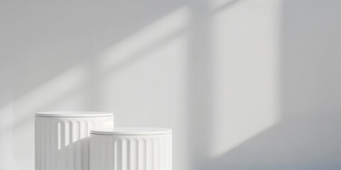 Obraz premium Cylindrical white ceramic podium on white background with many plant shadows. Perfect platform for showing your products. Three dimensional illustration