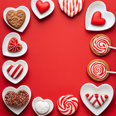 Obraz premium Valentine's Day cookies, heart-shaped treats, red background, white ceramic dishes, swirl lollipops, chocolate sprinkles, romantic desserts.