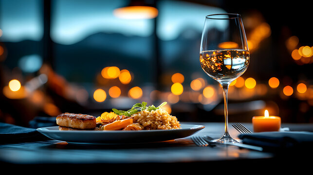 Romantisches Abendessen mit edlem Wei&szlig;wein und Bergblick  
