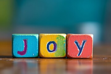 Three colorful wooden blocks spelling the word joy