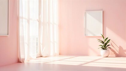 Fototapeta premium Pastel pink room, curtains on the windows have sunlight, wooden table in the room, flowers on the table There is a frame, an empty picture.