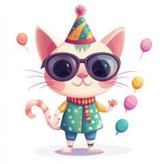 Fototapeta premium Cute cartoon cat wearing sunglasses and party hat, celebrating joyfully