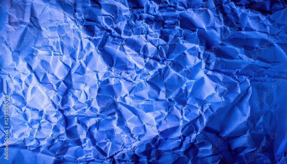 Poster textured close-up of crumpled blue paper with intricate folds and shadows, ideal for background, des
