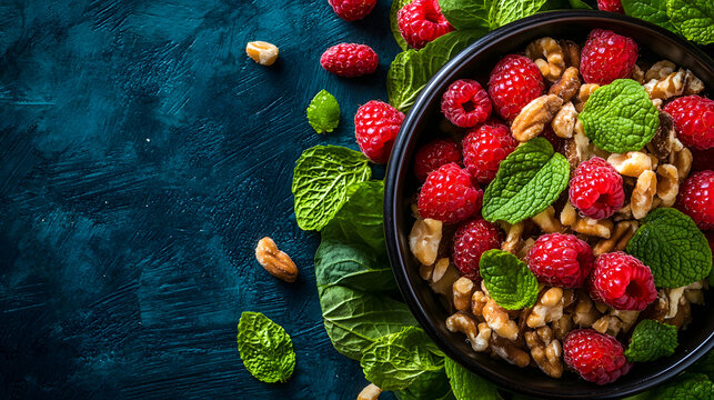 Gesunde Snack-Bowl mit Himbeeren, N&uuml;ssen und frischer Minze &ndash; Nat&uuml;rlicher Genuss

