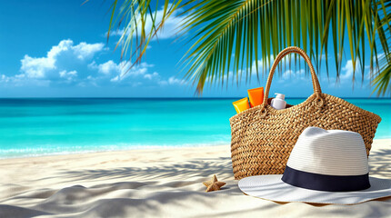 Relaxation by the Ocean: Straw Bag, White Hat, and Tropical Vibes on a Sunny Coastal Shoreline