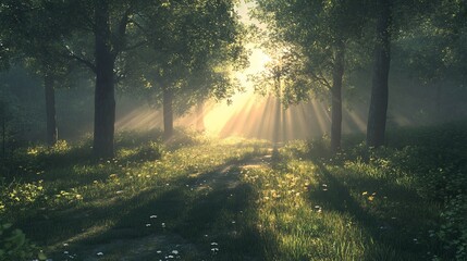 Obraz premium Sunbeams in misty forest path, nature wallpaper