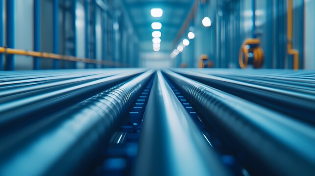 A close-up view of parallel metal pipes in an industrial setting, highlighting depth and perspective within a factory environment.