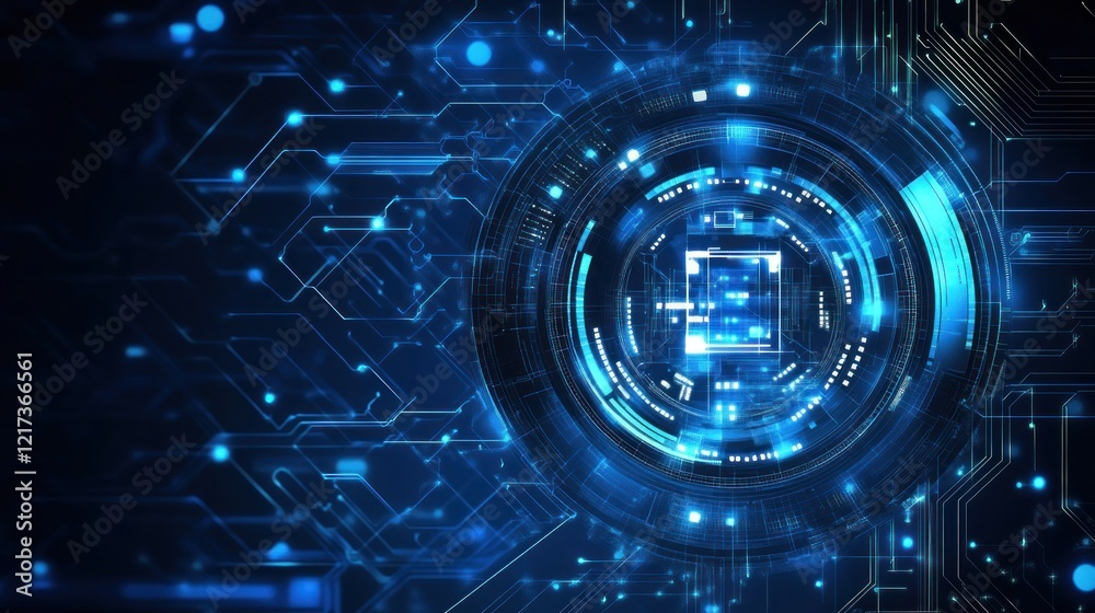 Wall mural abstract futuristic technology background with glowing circuit board and digital interface.