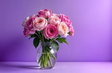 Obraz premium A Beautiful Arrangement of Pink Roses in a Clear Vase Set Against a Vibrant Purple Background