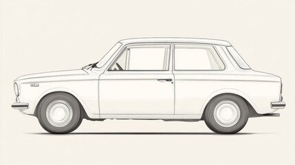 Side view of a classic car illustration on a neutral background, showcasing its design and features