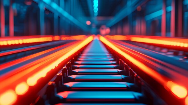 A vibrant, low-angle view of illuminated conveyor belts in a futuristic setting, featuring striking red and blue lighting effects.