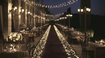 Elegant outdoor wedding reception at night, grand estate, romantic ambiance, event planning