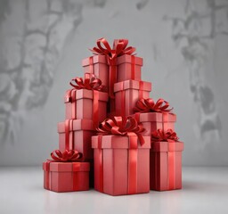 Fototapeta premium Gift boxes in shades of red arranged in a vertical stack with ribbons and bows , festive, stack