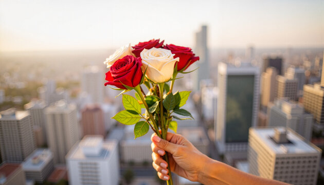 Hand holding red and white roses against cityscape, heartfelt gesture