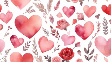 Seamless Valentine&rsquo;s Day pattern with hand-drawn hearts, arrows, and roses in soft pink watercolor style.  
