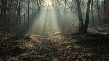 Fototapeta premium Sunbeams Piercing Through Misty Forest