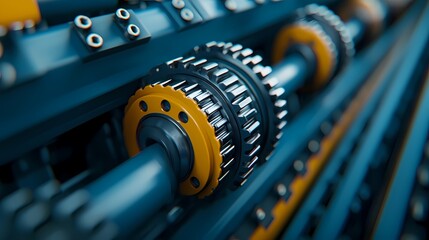 A close-up view of mechanical gears and rods, showcasing intricate details and industrial design elements.