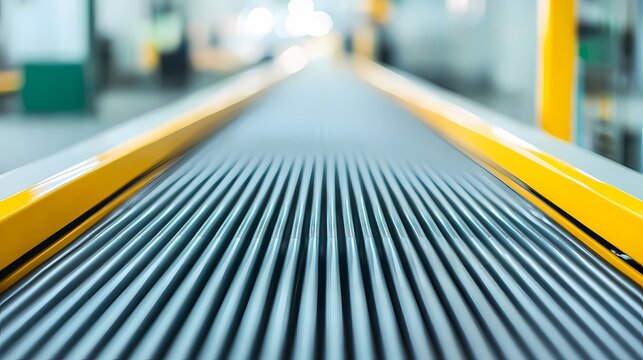 A close-up view of a conveyor belt with parallel grooves, showcasing a modern industrial environment and efficient material handling.