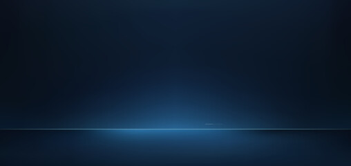 Studio background with dark blue gradient and neon glowing light, podium floor, empty room interior for displaying any product. Vector gradient illustration