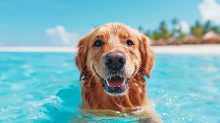 happy golden retriever swimming in tropical blue water
