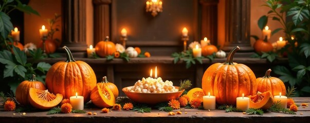 Obraz premium Flores de calabaza y zempas?chil en un altar elegante, sofisticado, decoraci?n