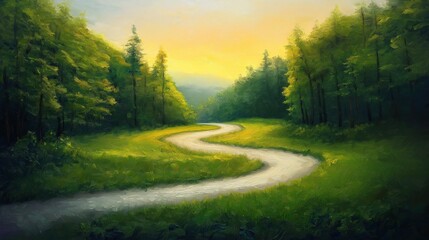 A painting of a road in a forest with trees on either side