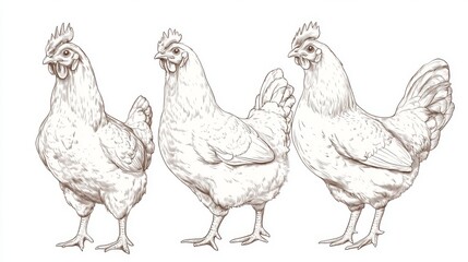 Fototapeta premium Three detailed sketches of chickens showcasing different postures and feather textures