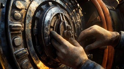 Dirty hands repair old rusty steampunk mechanism.