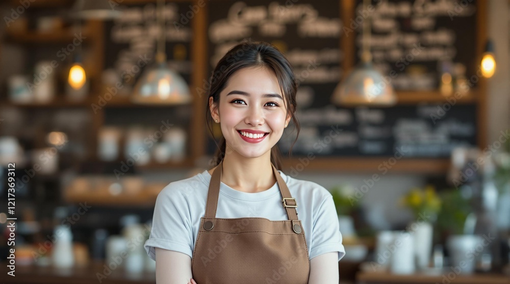 Poster A woman wearing an apron is smiling at the camera in a coffee shop setting with a menu and other items visible in the background.
